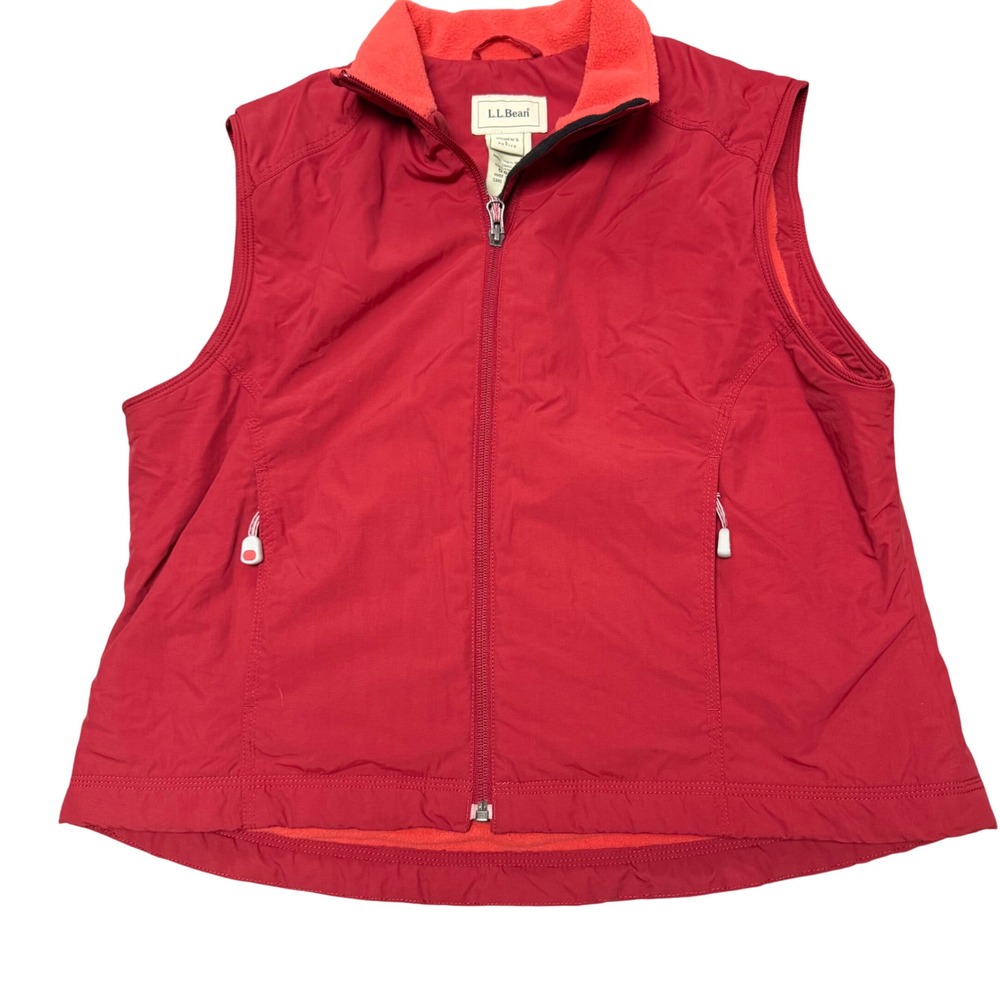 LL Bean Nylon Vest Womens Size Large Petite Red Fleece Lined Full Zip Hiking
